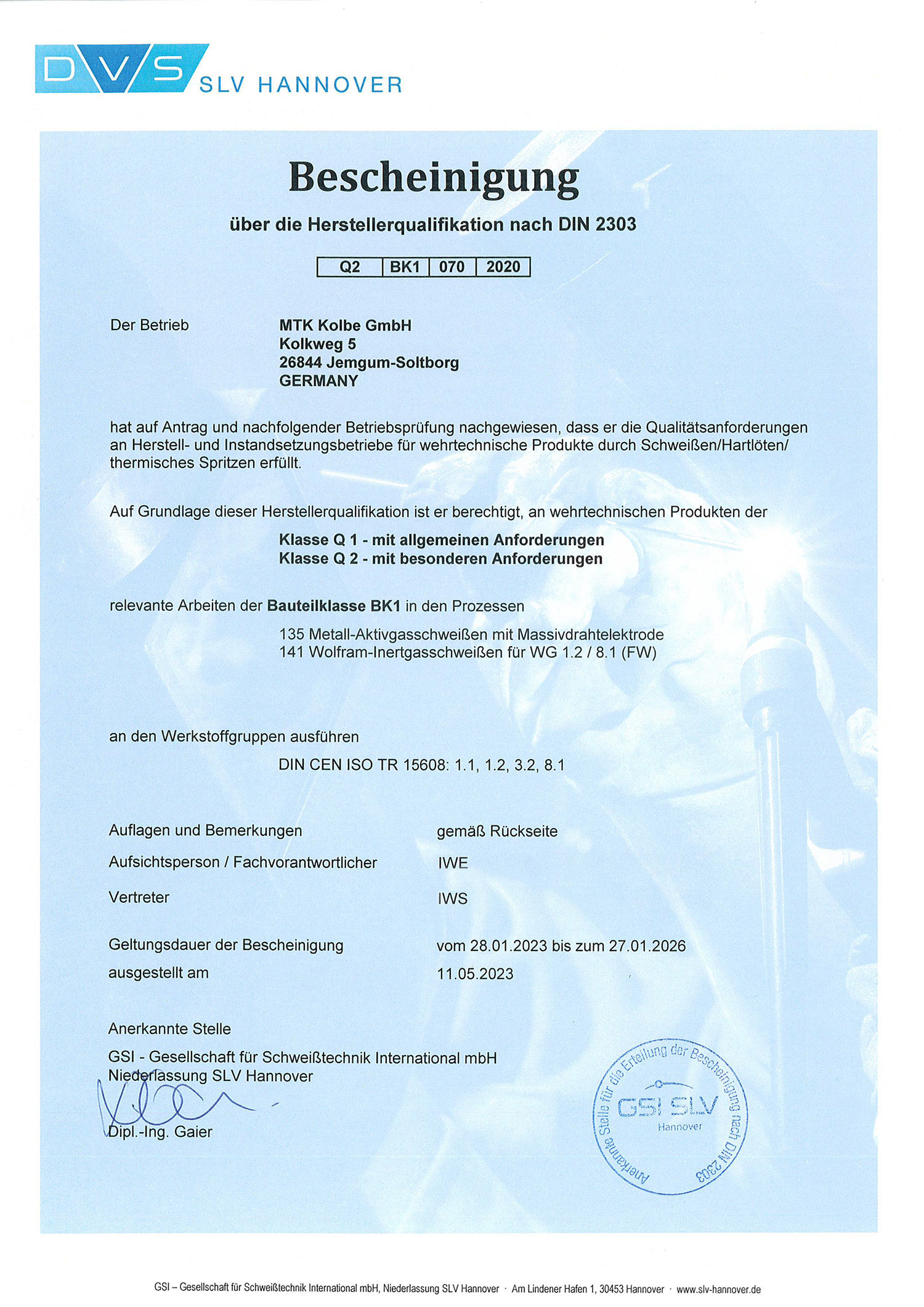 Zertifikat DIN-2303
