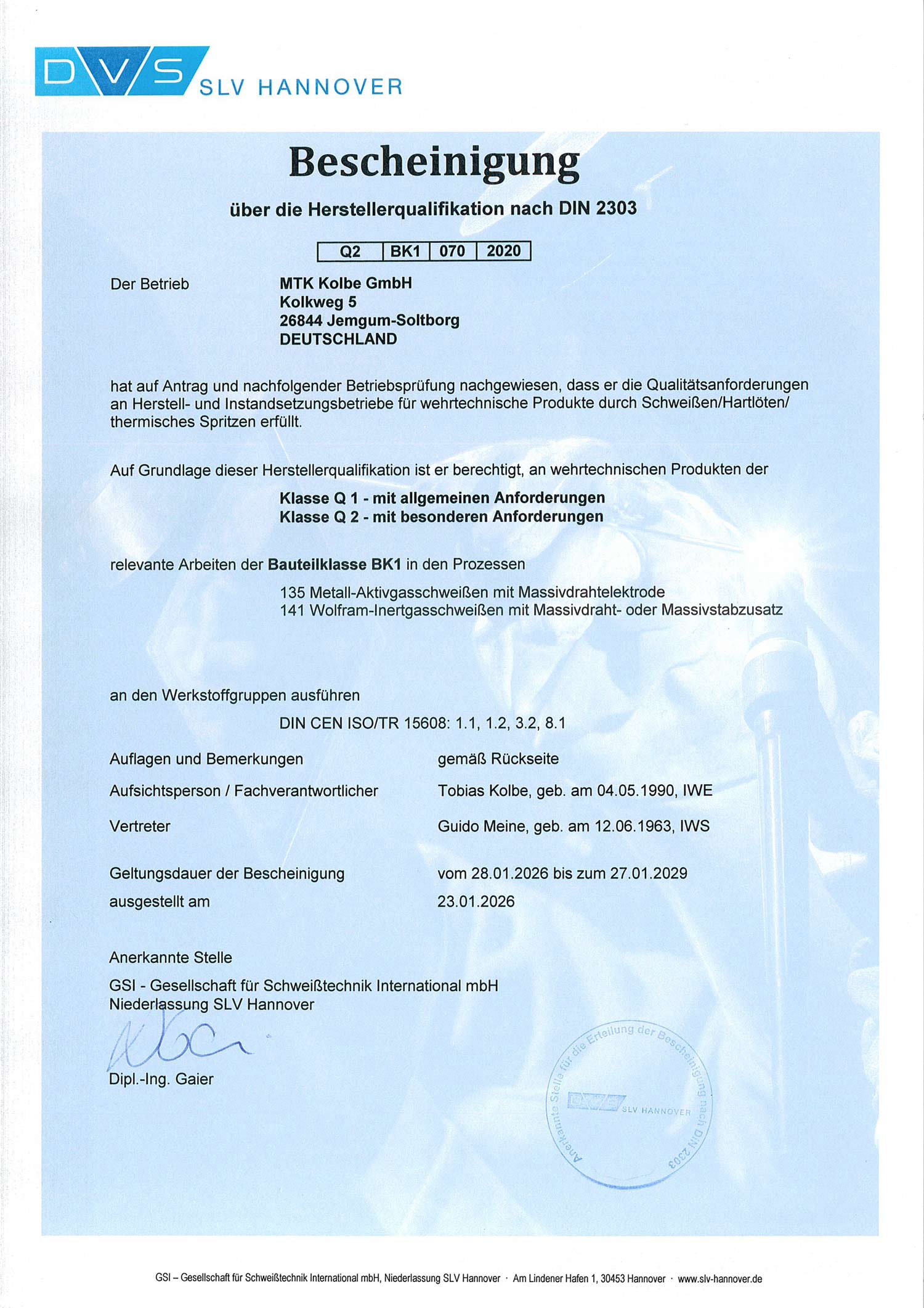 Zertifikat DIN-2303